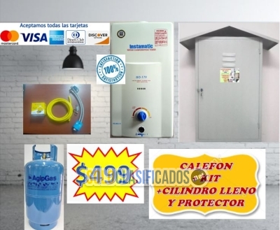 CALEFON INSTAMATIC  + PROTECTOR + CILINDRO DE GAS LLENO + KIT DE ... 