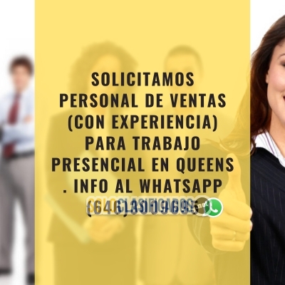 SOLICITO VENDEDORES CON EXPERIENCIA PARA TRABAJO PRESENCIAL EN QU... 