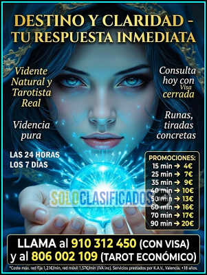 Solo Clasificados - videncia pura runas tiradas concretas tarot por telefóno 24 horas España 910312450 TAROT 806002109 Coste min 042/079 cm € min fijo/ móvil +18 a - imagen: 1