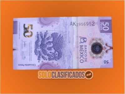 Billete con imagen de Tenochtitlán y ajolote de 50 pesos. Sin cir... 