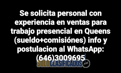 Se necesitan vendedores para trabajar en Queens (presencial )... 