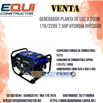 Venta de Generador Planta de Luz 3,000W 110/220V 7.5HP Hyundai HH... 