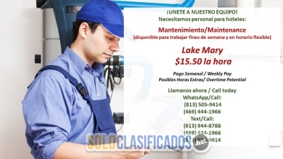 Tenemos vacantes para mantenimiento en el area de Lake Mary... 