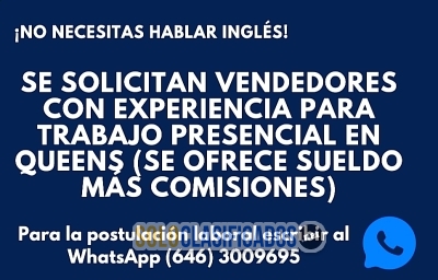 Buscamos vendedores con experiencia en ventas (Queens)... 